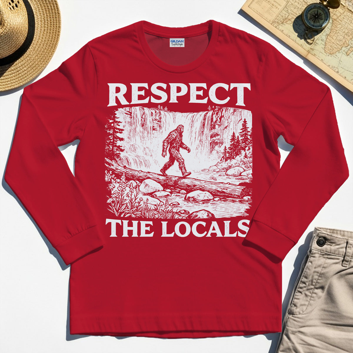 Bigfoot Respect The Locals Long Sleeve, Vintage Waterfall Hiking Graphic Long Sleeve Tee For Camper And Adventurers 7