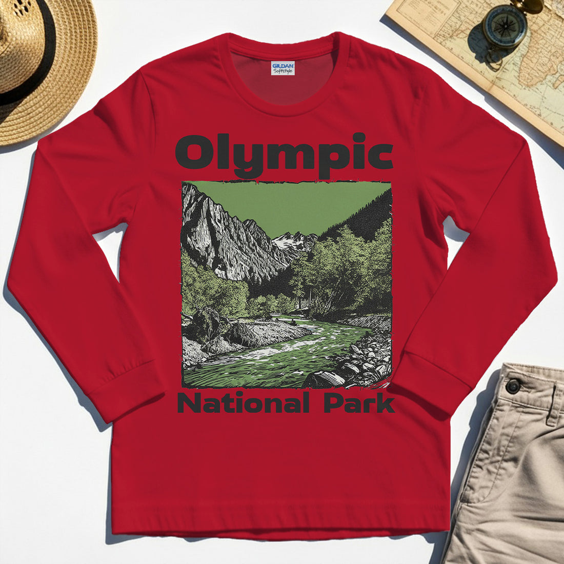 Olympic National Park Long Sleeve, Vintage Mountain River Scene Long Sleeve Tee For Outdoor Adventure Campers 1