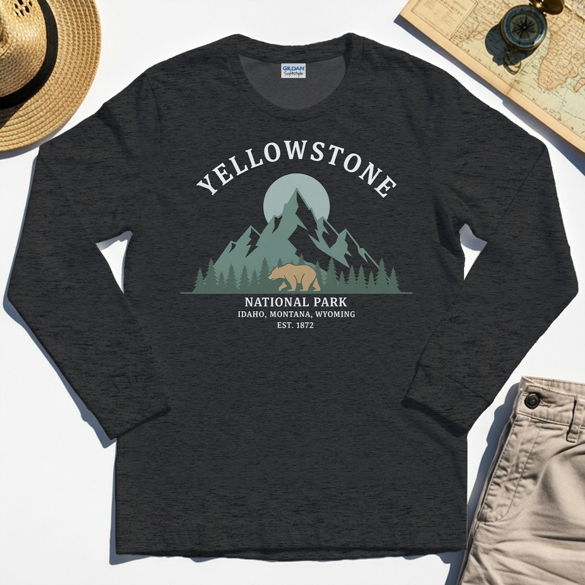 Yellowstone National Park Long Sleeve, Bear & Pines Mountain Graphic Long Sleeve Tee 3