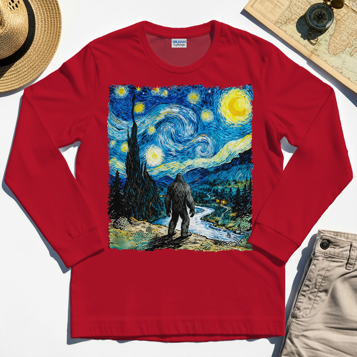 Funny Sasquatch Van Gogh Parody Long Sleeve, Bigfoot Starry Night Long Sleeve Tee 7