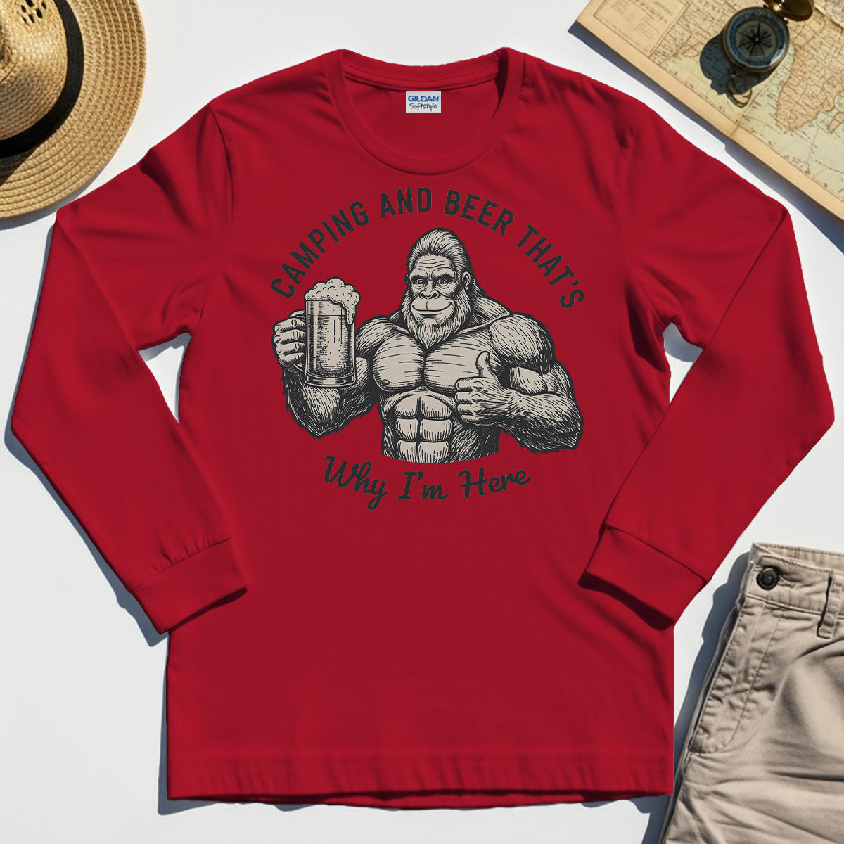 "Camping and Beer That’s Why I’m Here" Funny Bigfoot Camping Long Sleeve Tee 7