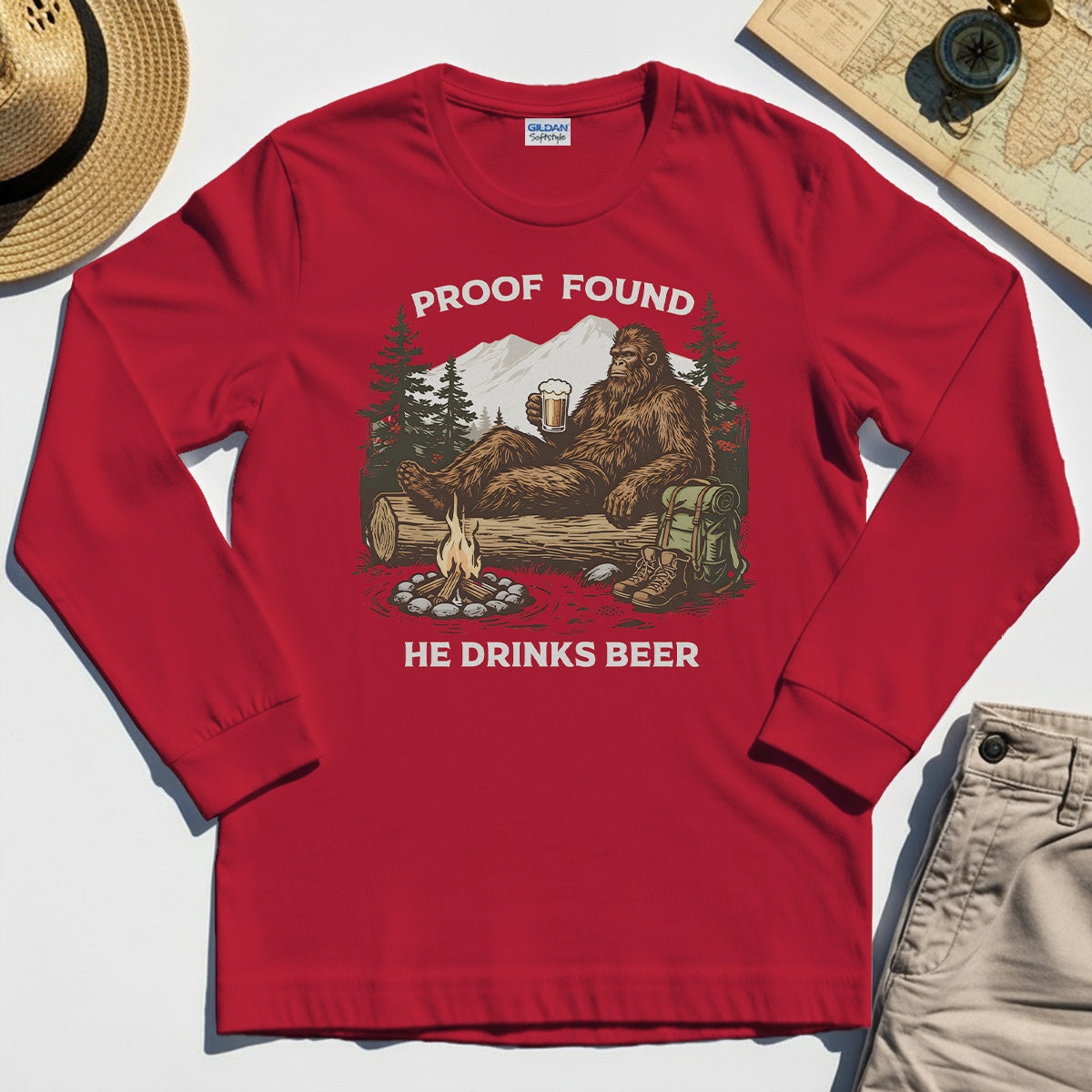 Funny Bigfoot "Proof Found He Drinks Beer" Camping Long Sleeve, Sasquatch Beer Lover Long Sleeve Tee For Campers 7