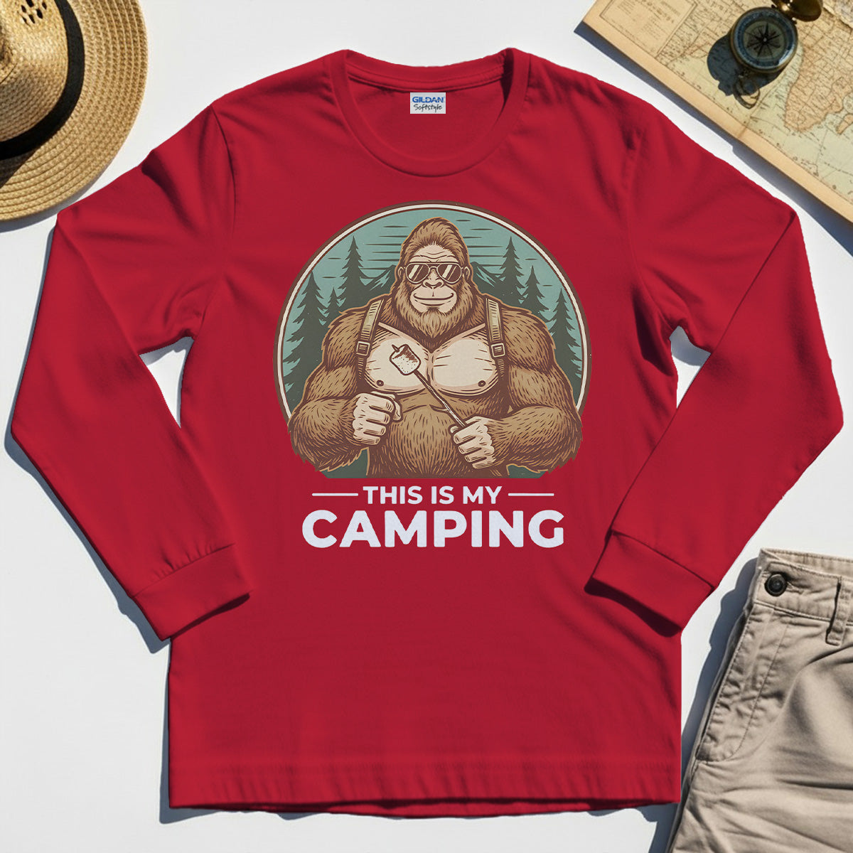 Funny Bigfoot Camping Long Sleeve Tee "This Is My Camping”, Sasquatch With Marshmallow Long Sleeve 7