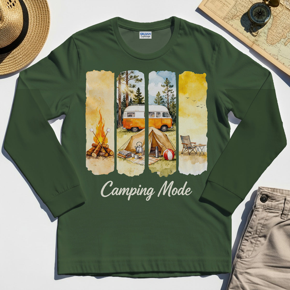 Van Life and Campfire Graphic Long Sleeve, Watercolor Campfire and Tent Graphic Long Sleeve Tee For Outdoor Lovers 3