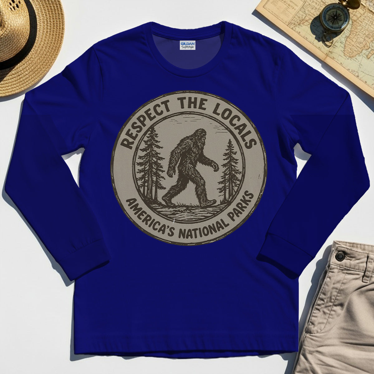 Retro Respect the Locals Bigfoot Long Sleeve, Funny Sasquatch National Park Camping Long Sleeve Tee 3