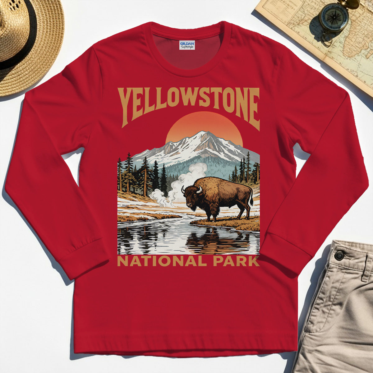 Yellowstone National Park Long Sleeve, Vintage Bison Sunset Mountain Long Sleeve Tee For Campers 7