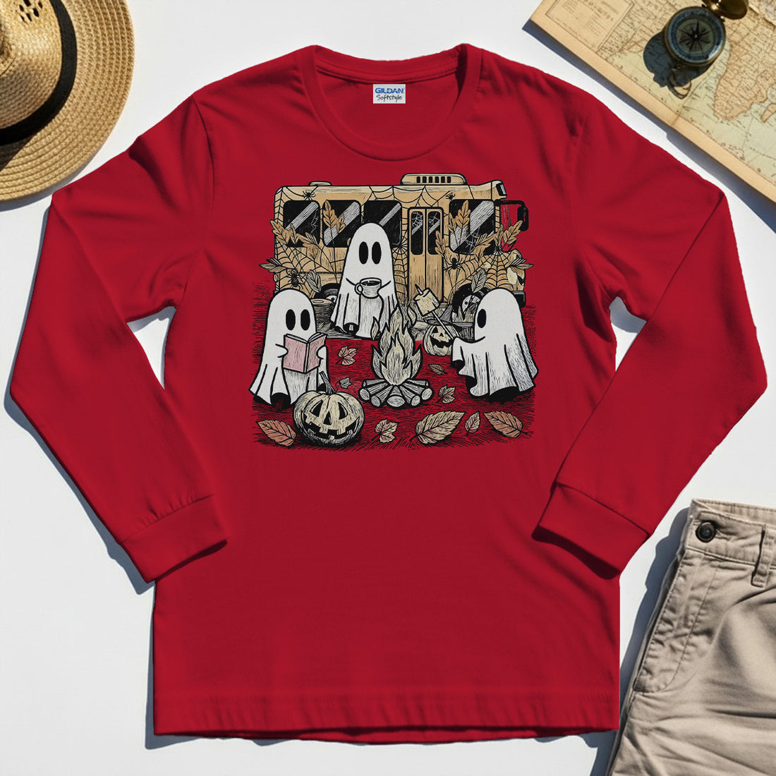 Cute Ghost Campfire Halloween Long Sleeve Tee 1