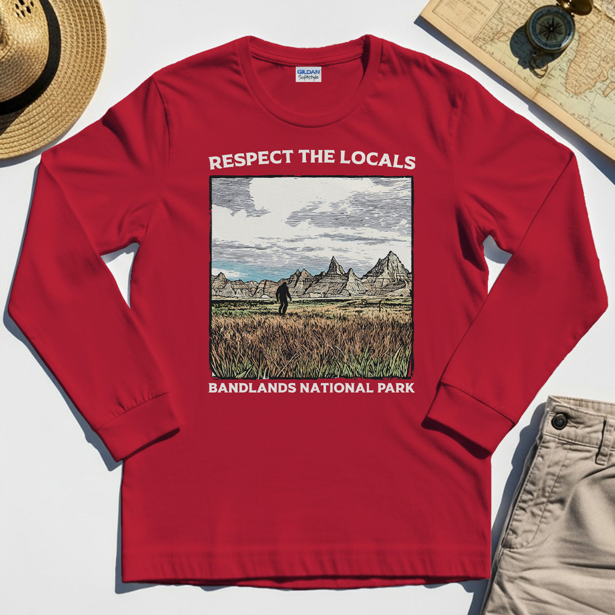 Sasquatch Respect The Locals Long Sleeve, Bigfoot Hiking Through Badlands National Park Long Sleeve Tee 7