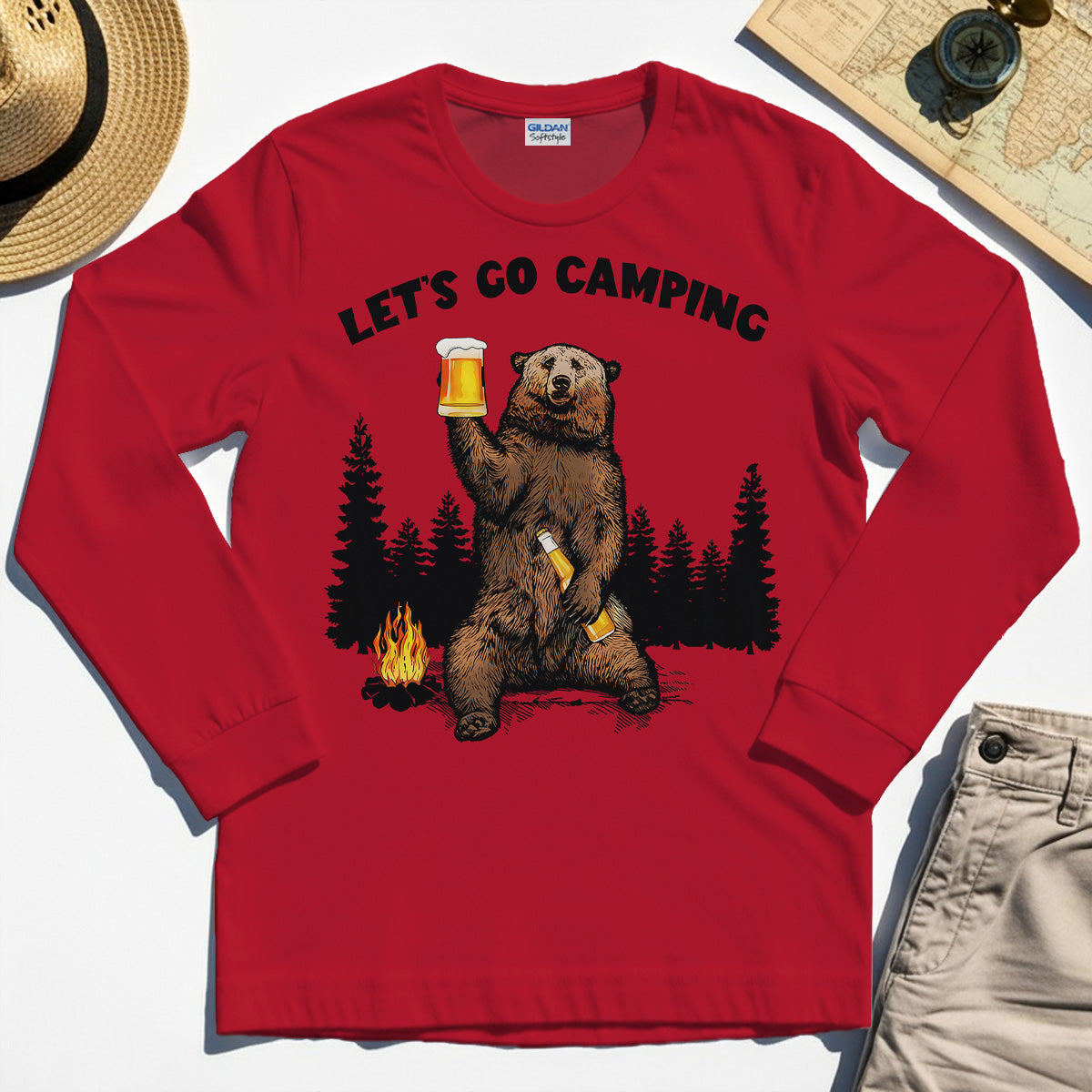 Let’s Go Camping Long Sleeve Tee, Funny Beer Drinking Bear Graphic Long Sleeve For Outdoor & Camping Lovers 7