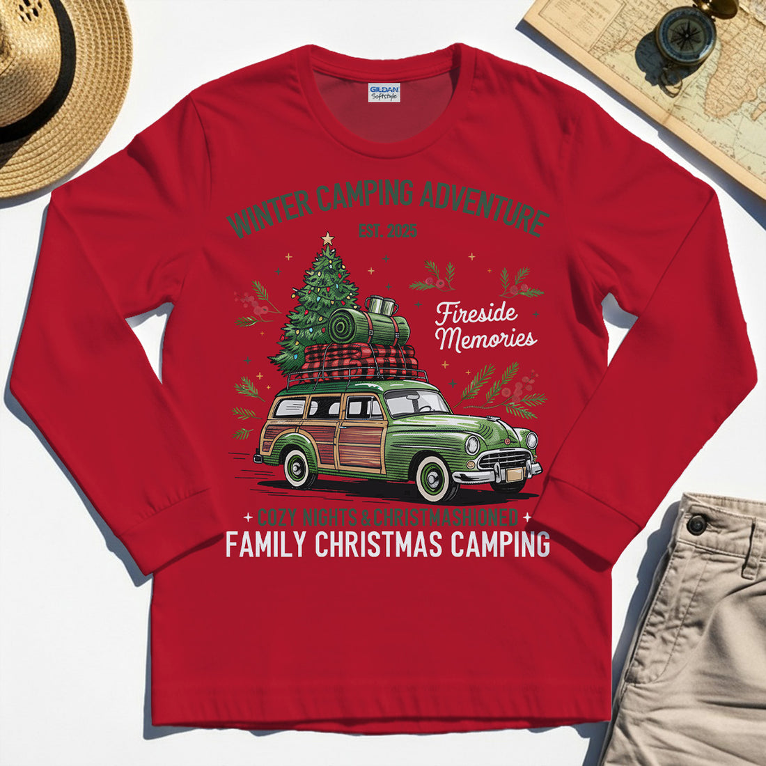 Winter Camping Adventure Long Sleeve, Retro Car with Tree Family Christmas Camping Long Sleeve Tee 1