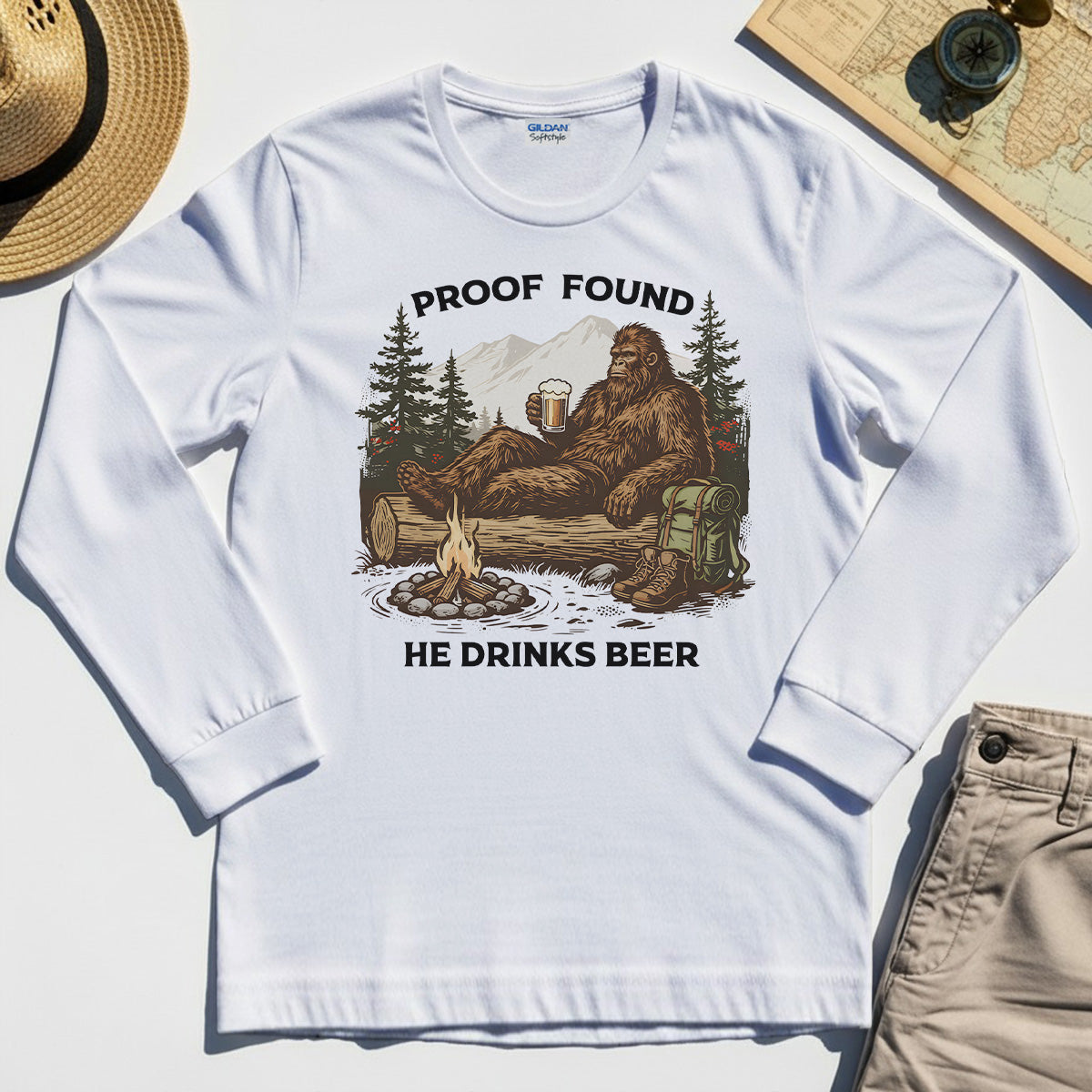 Funny Bigfoot "Proof Found He Drinks Beer" Camping Long Sleeve, Sasquatch Beer Lover Long Sleeve Tee For Campers 8
