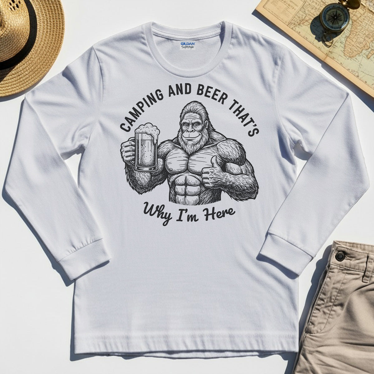 "Camping and Beer That’s Why I’m Here" Funny Bigfoot Camping Long Sleeve Tee 8