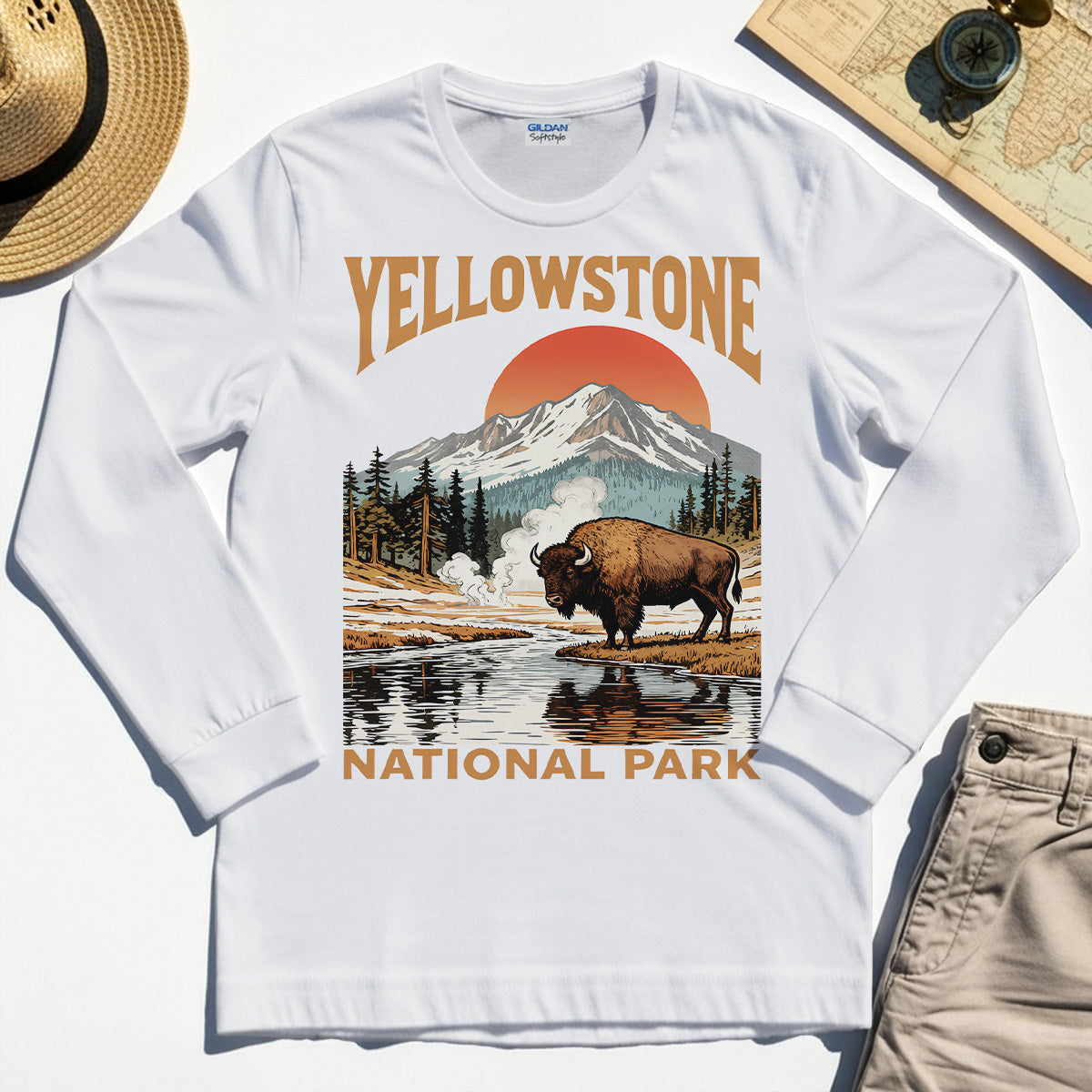 Yellowstone National Park Long Sleeve, Vintage Bison Sunset Mountain Long Sleeve Tee For Campers 8