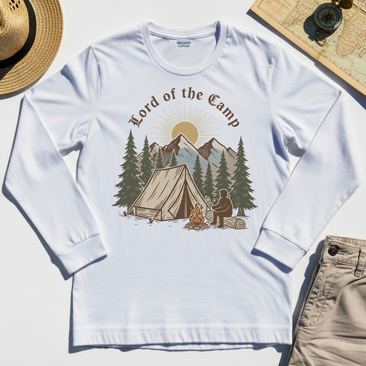 Vintage Lord of the Camp Campfire Long Sleeve, Tent And Campfire Mountain Scene Long Sleeve Tee 8