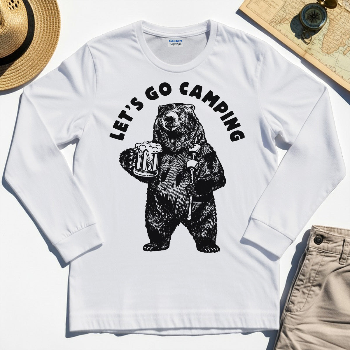 Let’s Go Camping Funny Bear Drinking Beer Long Sleeve, Beer Lover Long Sleeve Tee For Outdoor Adventure & Camping Fans 8