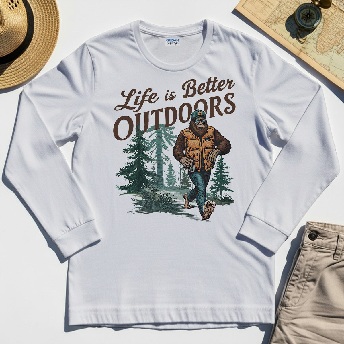 Bigfoot Life Is Better Outdoors Long Sleeve, Retro Camping Graphic Long Sleeve Tee For Outdoor Adventurers 8
