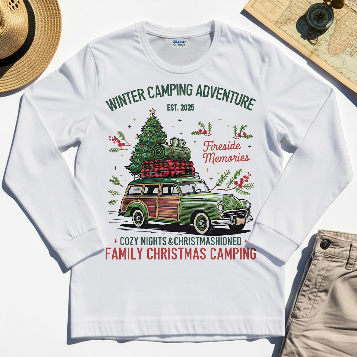 Winter Camping Adventure Long Sleeve, Retro Car with Tree Family Christmas Camping Long Sleeve Tee 8