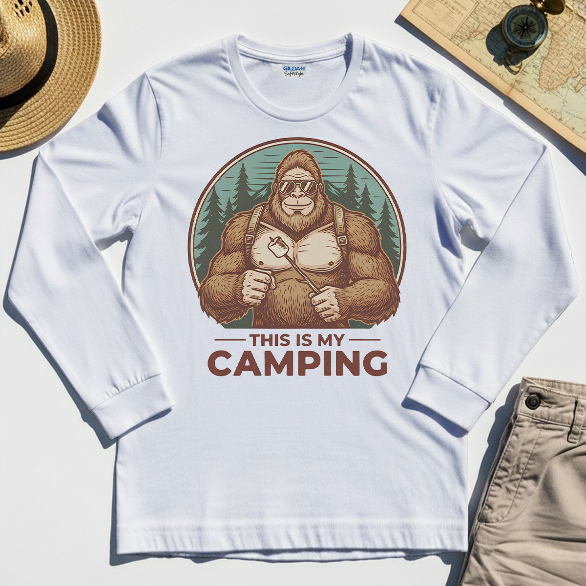 Funny Bigfoot Camping Long Sleeve Tee "This Is My Camping”, Sasquatch With Marshmallow Long Sleeve 8