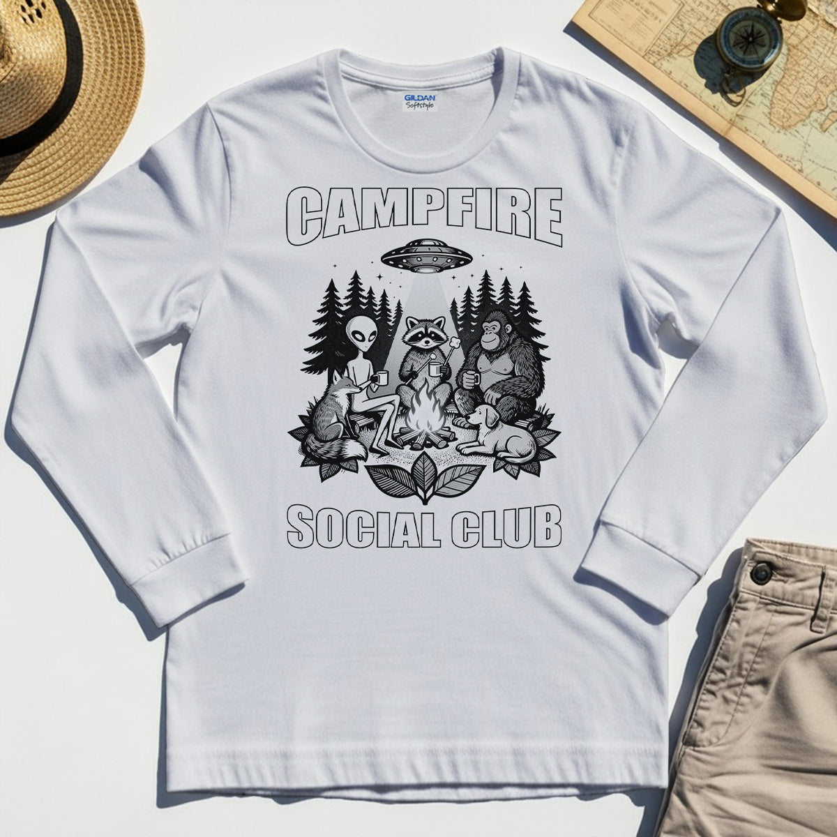 Campfire Social Club With Alien, Bigfoot, UFO And Raccoon Long Sleeve Tee 8