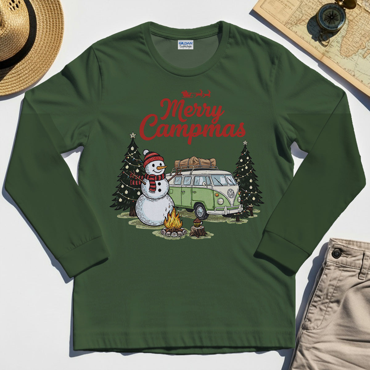 Funny Merry Christmas Camping Long Sleeve Tee, Retro Camper Van Snowman Campfire Long Sleeve For Outdoor Lovers 4