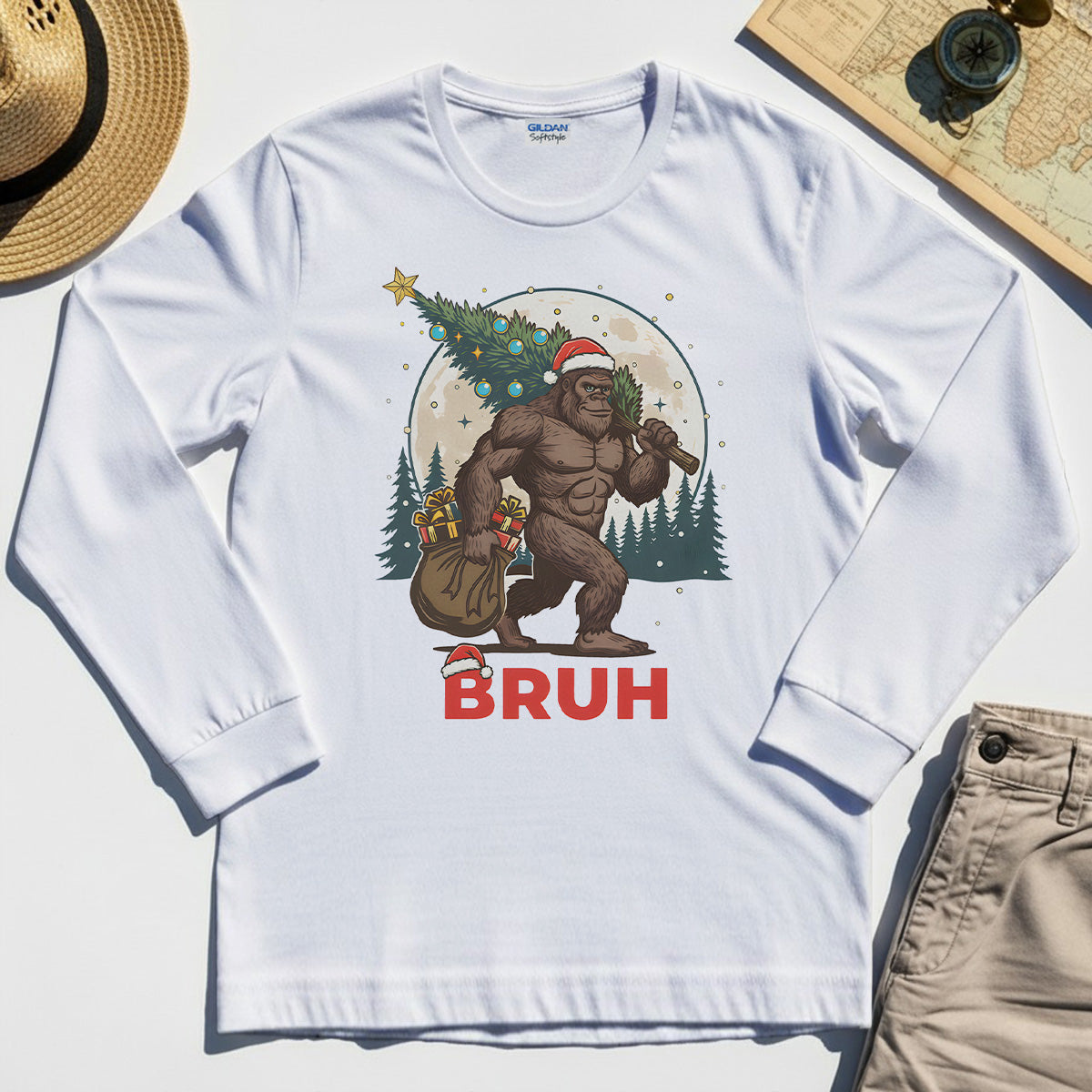 Bigfoot Christmas "BRUH" Long Sleeve, Retro Santa Hat Sasquatch Carrying Christmas Tree Long Sleeve Tee 8