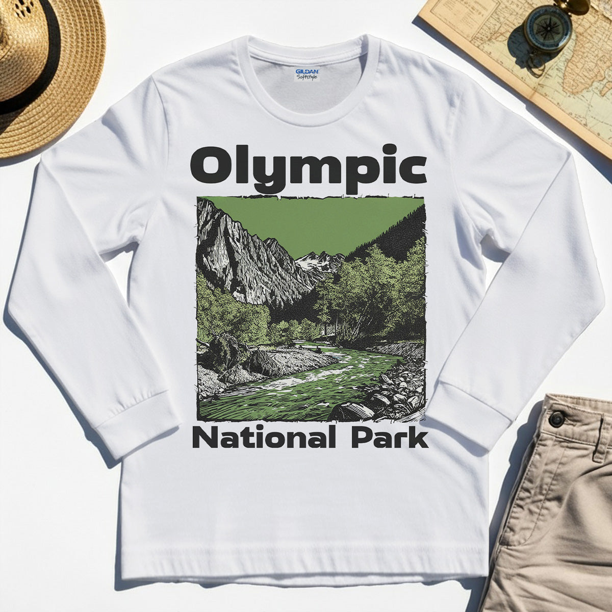Olympic National Park Long Sleeve, Vintage Mountain River Scene Long Sleeve Tee For Outdoor Adventure Campers 8