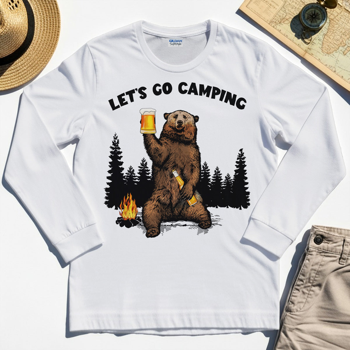 Let’s Go Camping Long Sleeve Tee, Funny Beer Drinking Bear Graphic Long Sleeve For Outdoor & Camping Lovers 8