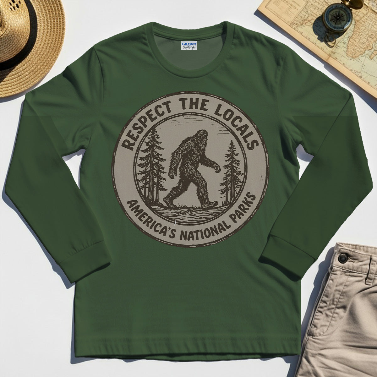 Retro Respect the Locals Bigfoot Long Sleeve, Funny Sasquatch National Park Camping Long Sleeve Tee 4