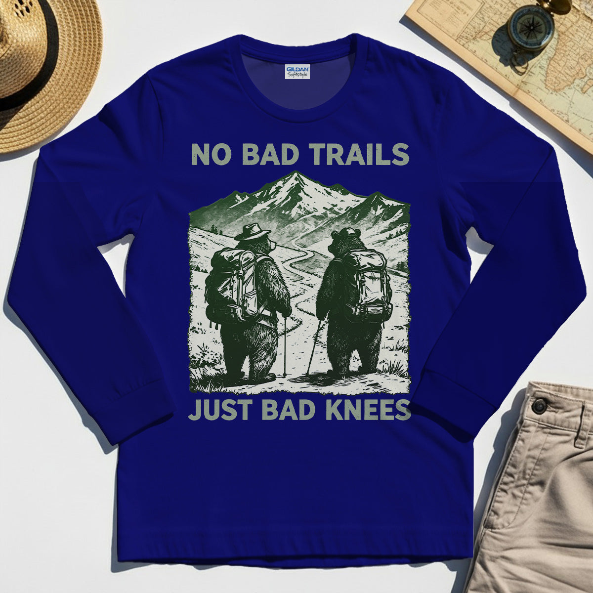 No Bad Trails Just Bad Knees Long Sleeve, Vintage Bear Backpacking Long Sleeve Tee For Campers and Outdoor Enthusiasts 4
