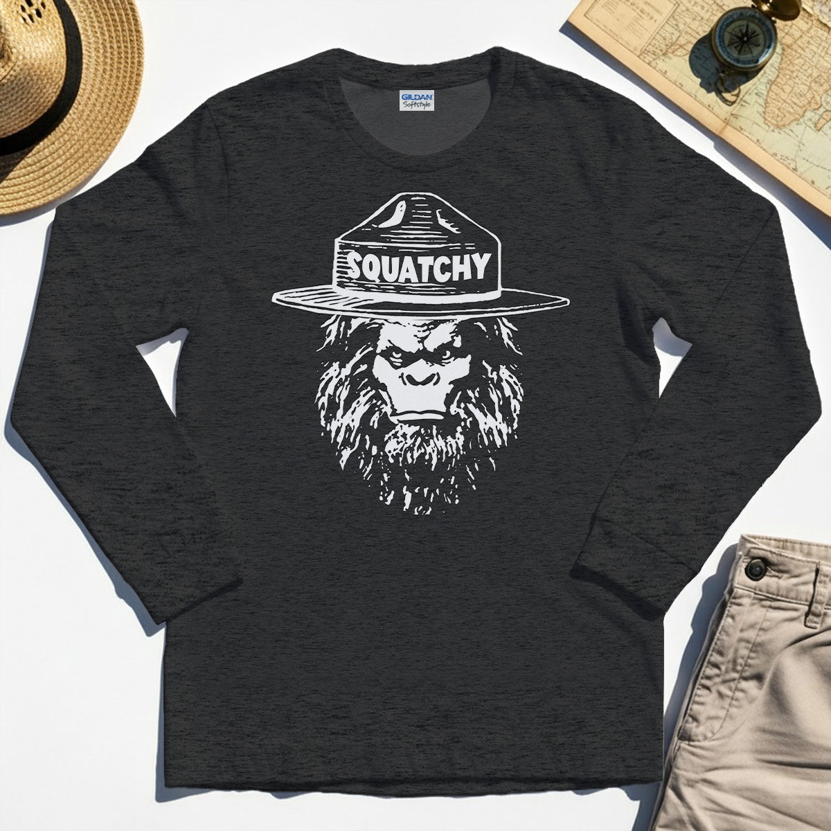 Sasquatch "SQUATCHY" Funny Bigfoot Long Sleeve, Retro Line Art Bigfoot Face Long Sleeve Tee For Camping Lovers 3