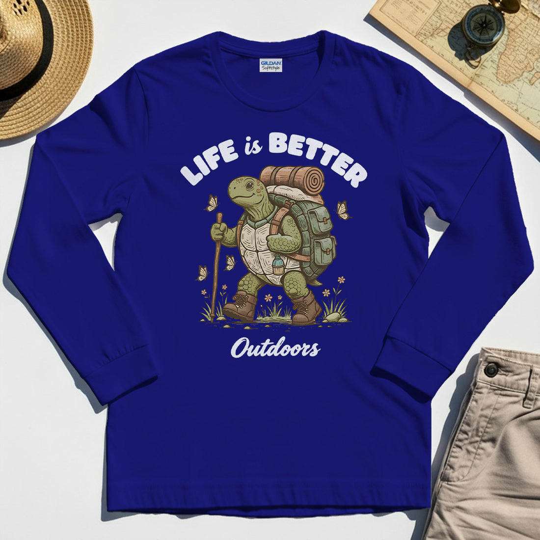 Outdoor Lovers Long Sleeve Shirt – Life Is Better Outdoors, Funny Hiking Turtle Graphic Long Sleeve Tee 1
