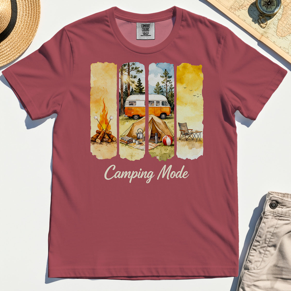 Van Life and Campfire Comfort Tee, Watercolor Campfire and Tent Graphic Comfort Tee For Outdoor Lovers 4