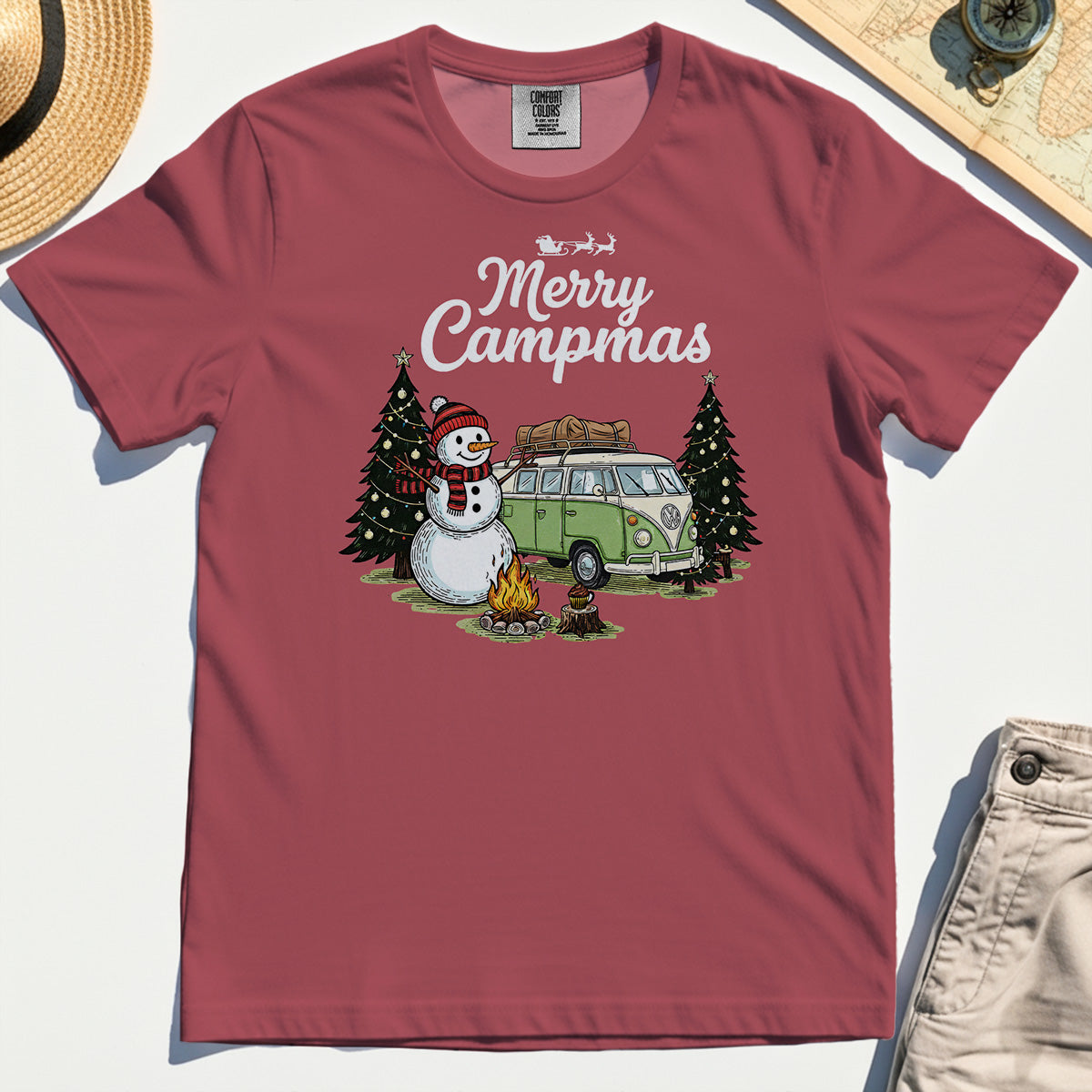 Funny Merry Christmas Camping Comfort Tee, Retro Camper Van Snowman Campfire Comfort Color Tee For Outdoor Lovers 6