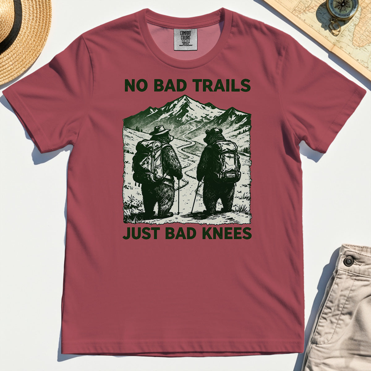 No Bad Trails Just Bad Knees Comfort Tee, Vintage Bear Backpacking Comfort Tees For Campers and Outdoor Enthusiasts 5