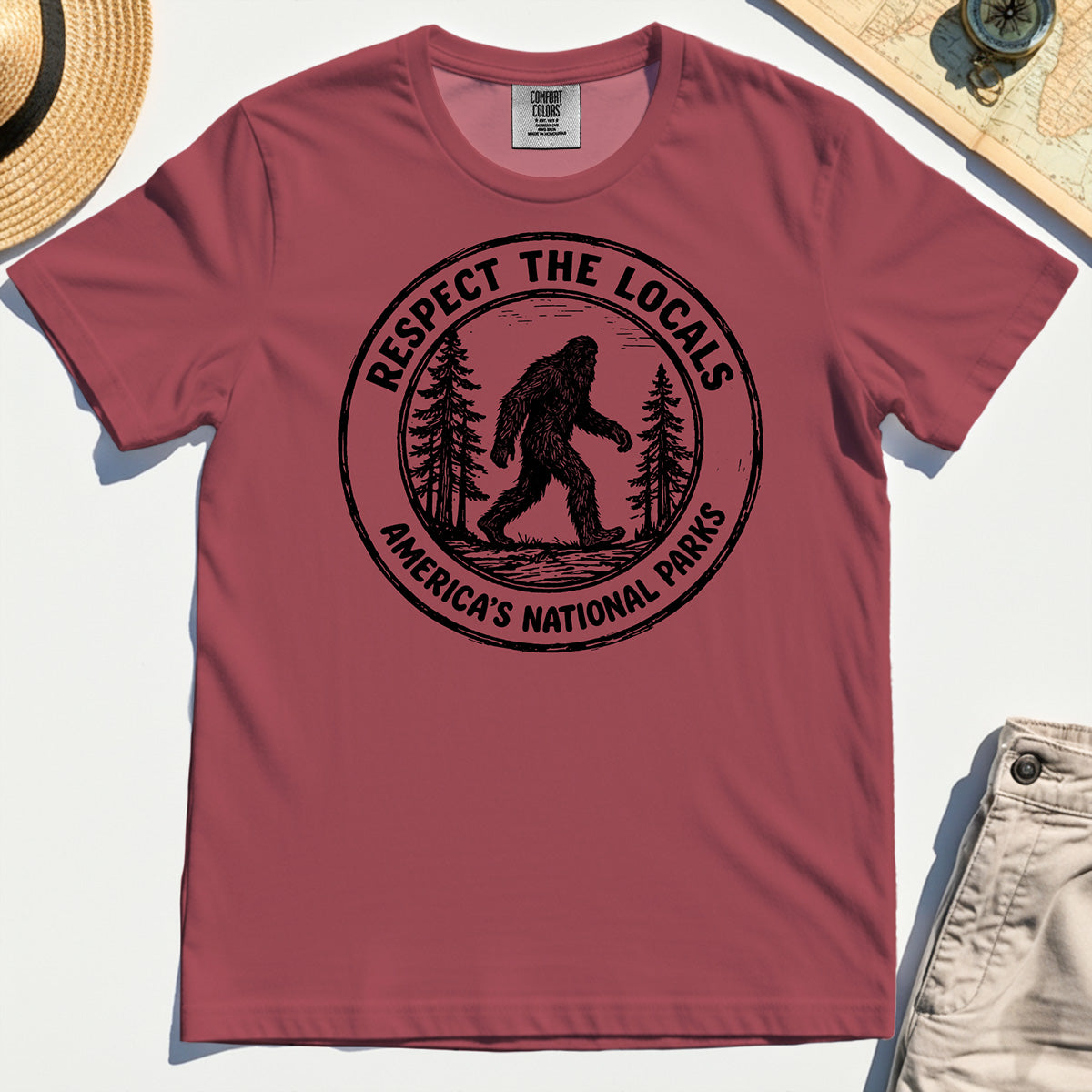Retro Respect the Locals Bigfoot Comfort Tee, Funny Sasquatch National Park Camping Comfort Color Tees 5