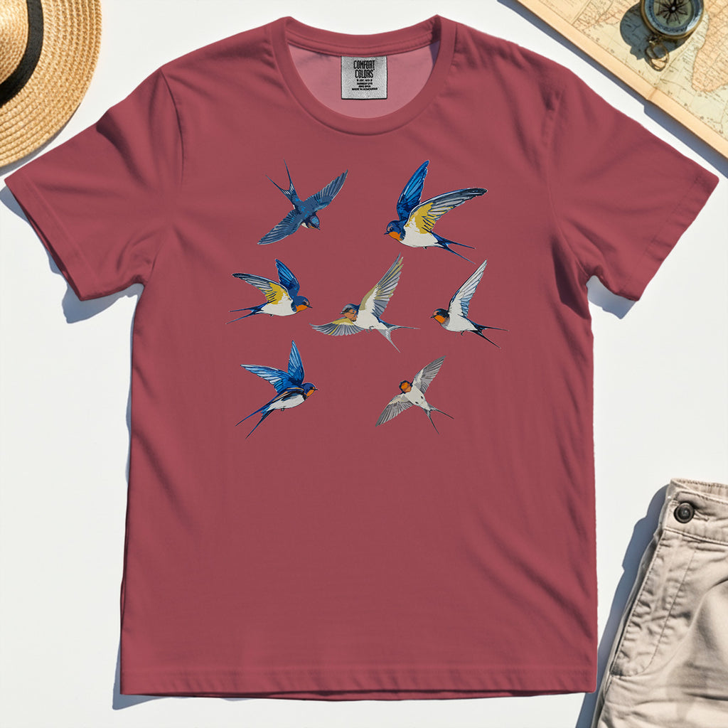 Elegant Flying Swallows Comfort Tee, Minimalist Wildlife Camping Graphic Comfort Tee Gift For Nature Campers 5