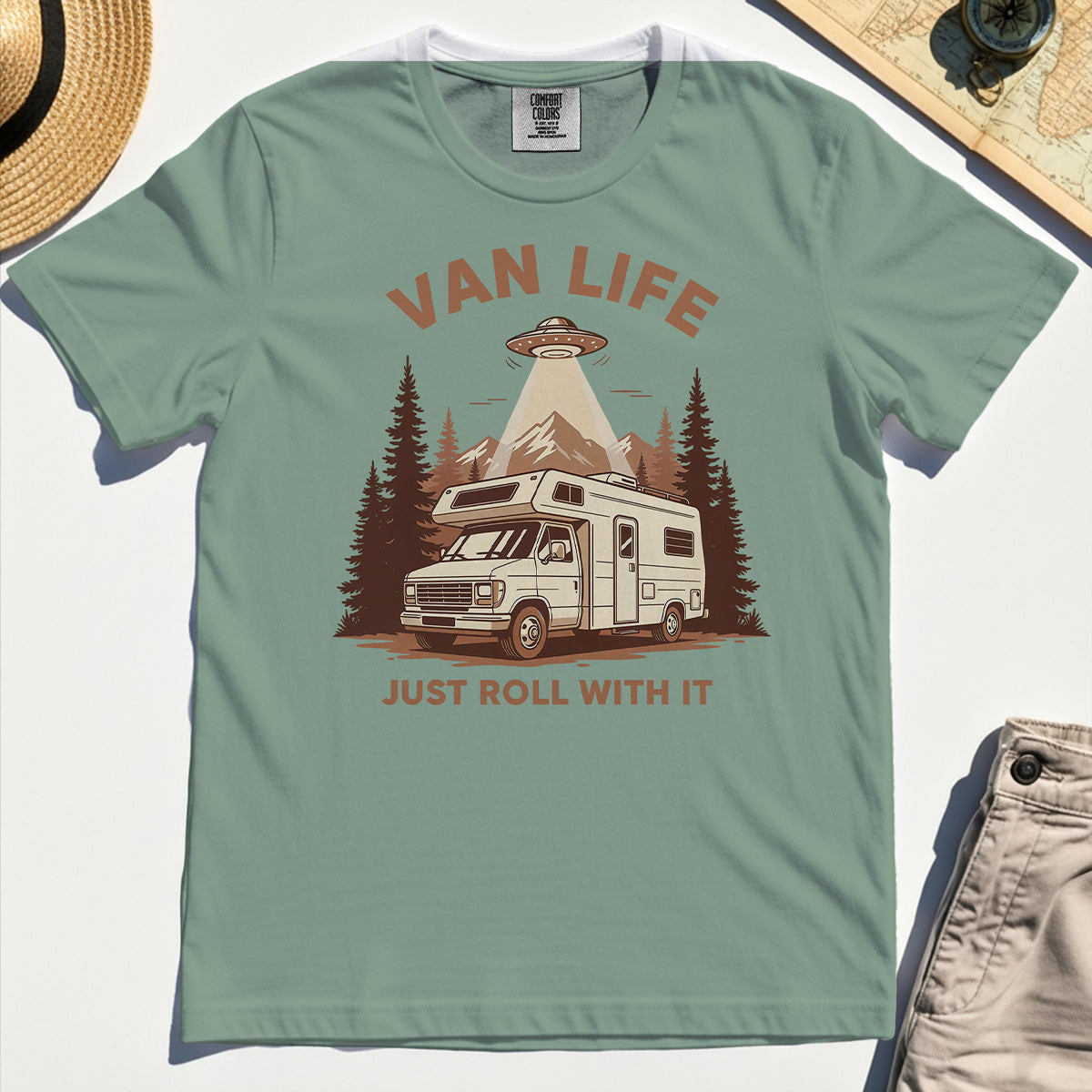 Just Roll With It Comfort Tees, Retro Camper Van Adventure Comfort Color Tee For Camping Lovers 4