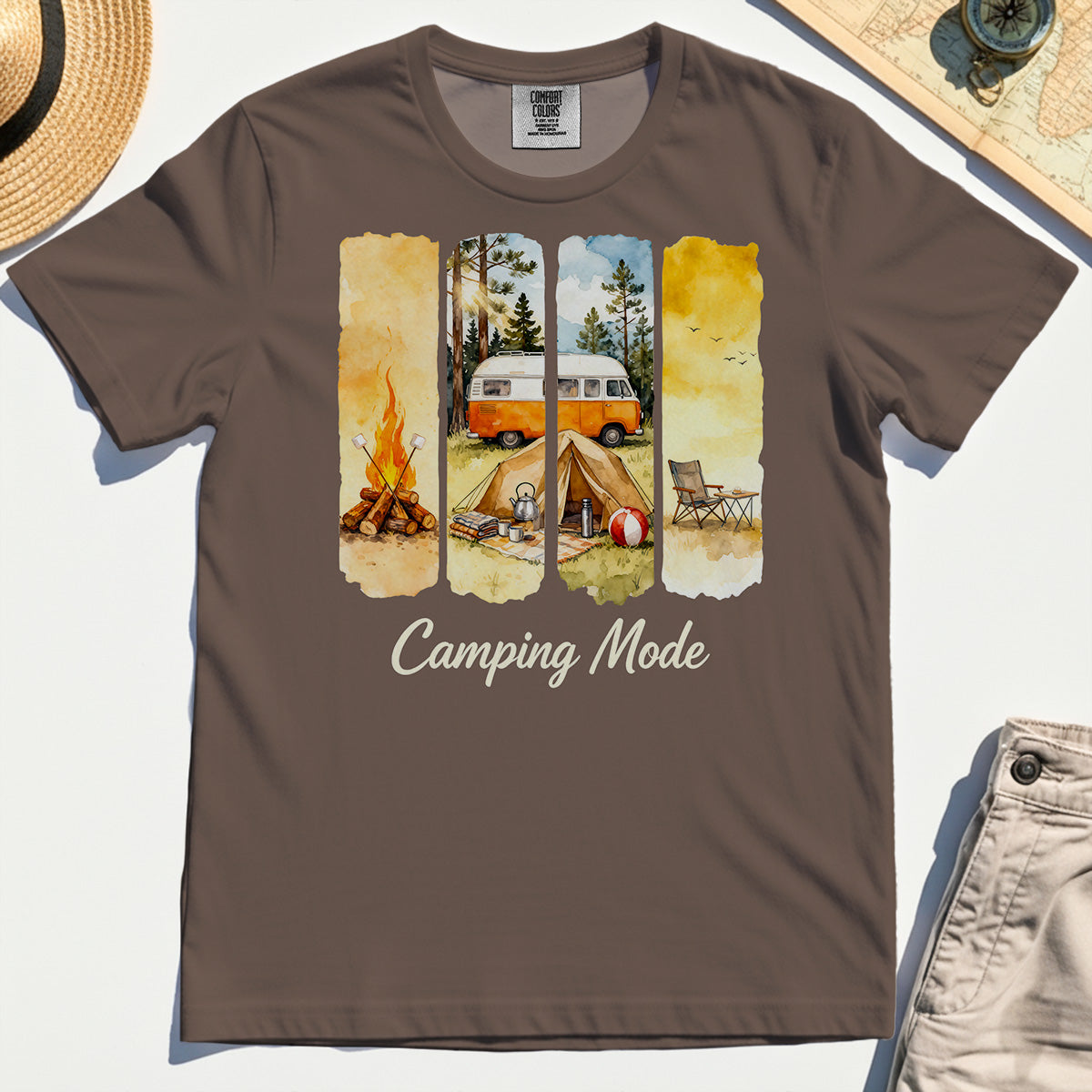 Van Life and Campfire Comfort Tee, Watercolor Campfire and Tent Graphic Comfort Tee For Outdoor Lovers 5