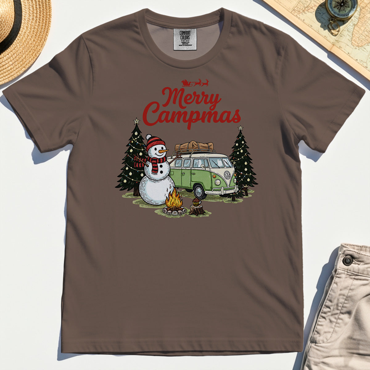 Funny Merry Christmas Camping Comfort Tee, Retro Camper Van Snowman Campfire Comfort Color Tee For Outdoor Lovers 7
