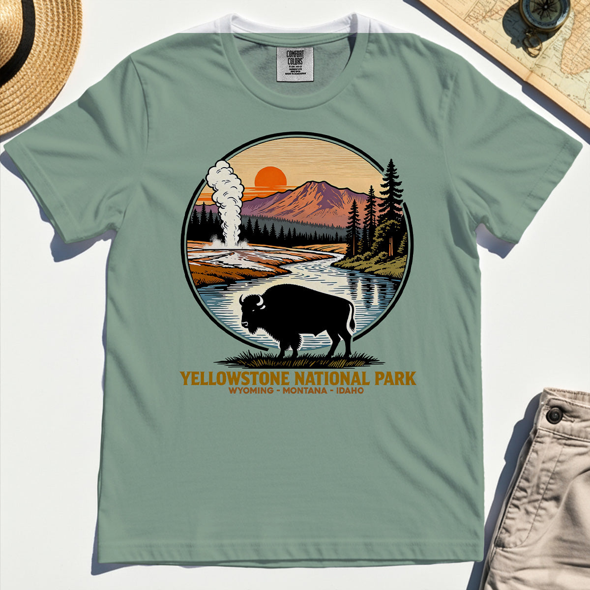 Retro Yellowstone National Park Comfort Tee, Bison Silhouette Outdoor Adventure Comfort Color Tee For Nature Campers 7