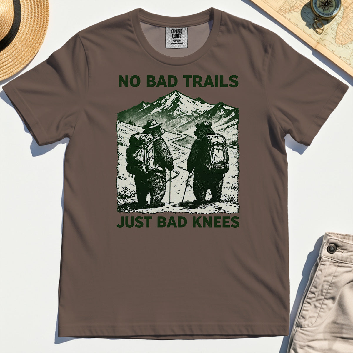 No Bad Trails Just Bad Knees Comfort Tee, Vintage Bear Backpacking Comfort Tees For Campers and Outdoor Enthusiasts 6