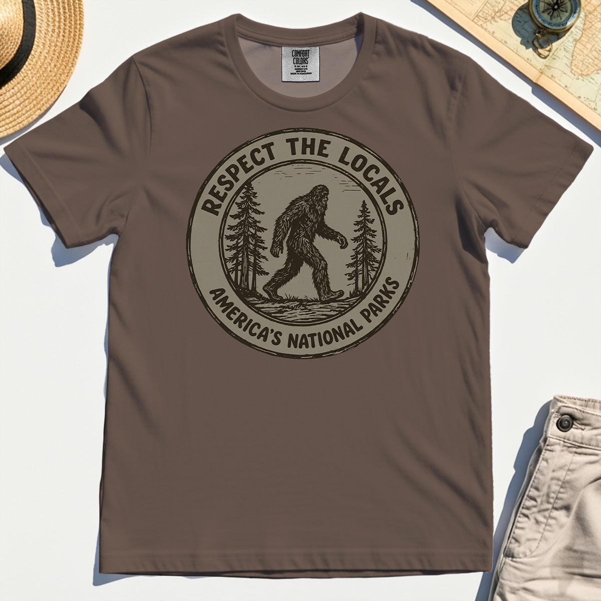 Retro Respect the Locals Bigfoot Comfort Tee, Funny Sasquatch National Park Camping Comfort Color Tees 6