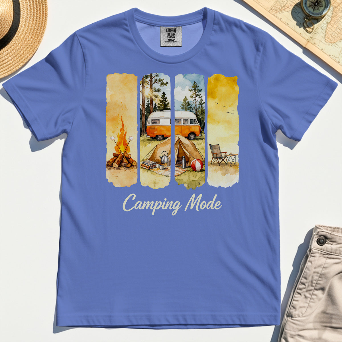 Van Life and Campfire Comfort Tee, Watercolor Campfire and Tent Graphic Comfort Tee For Outdoor Lovers 6