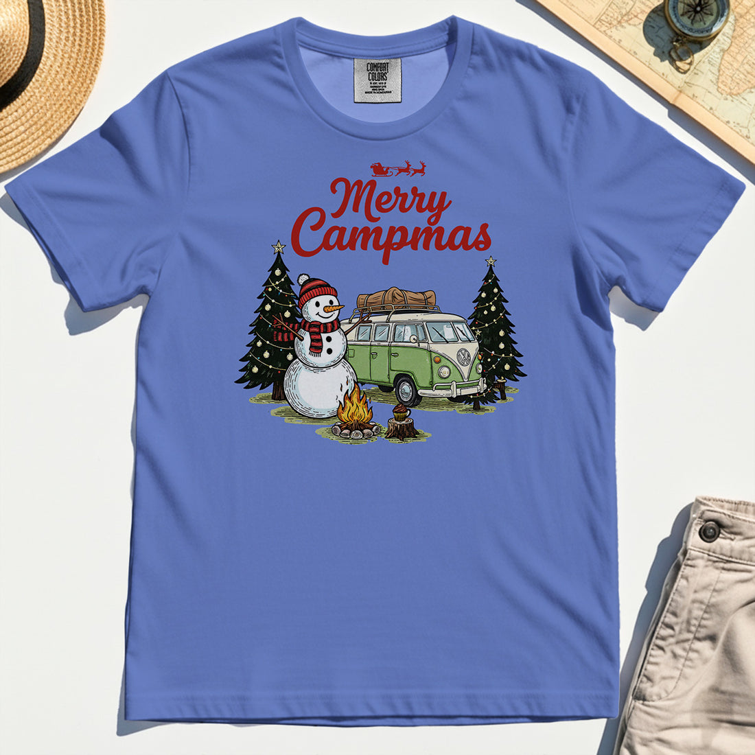 Funny Merry Christmas Camping Comfort Tee, Retro Camper Van Snowman Campfire Comfort Color Tee For Outdoor Lovers 1