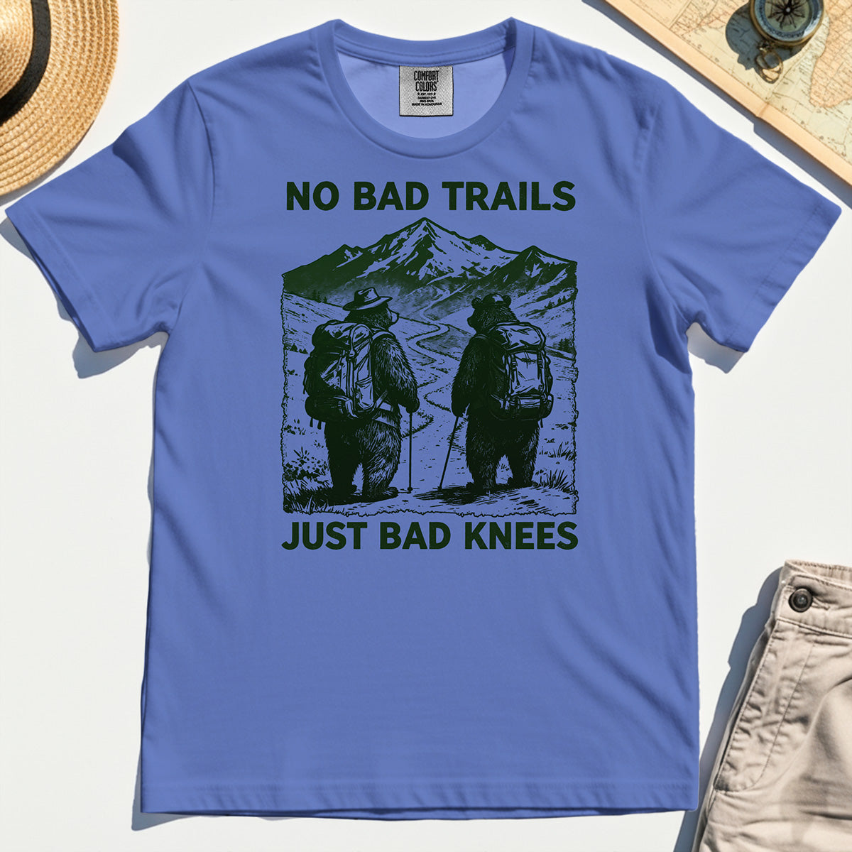 No Bad Trails Just Bad Knees Comfort Tee, Vintage Bear Backpacking Comfort Tees For Campers and Outdoor Enthusiasts 7