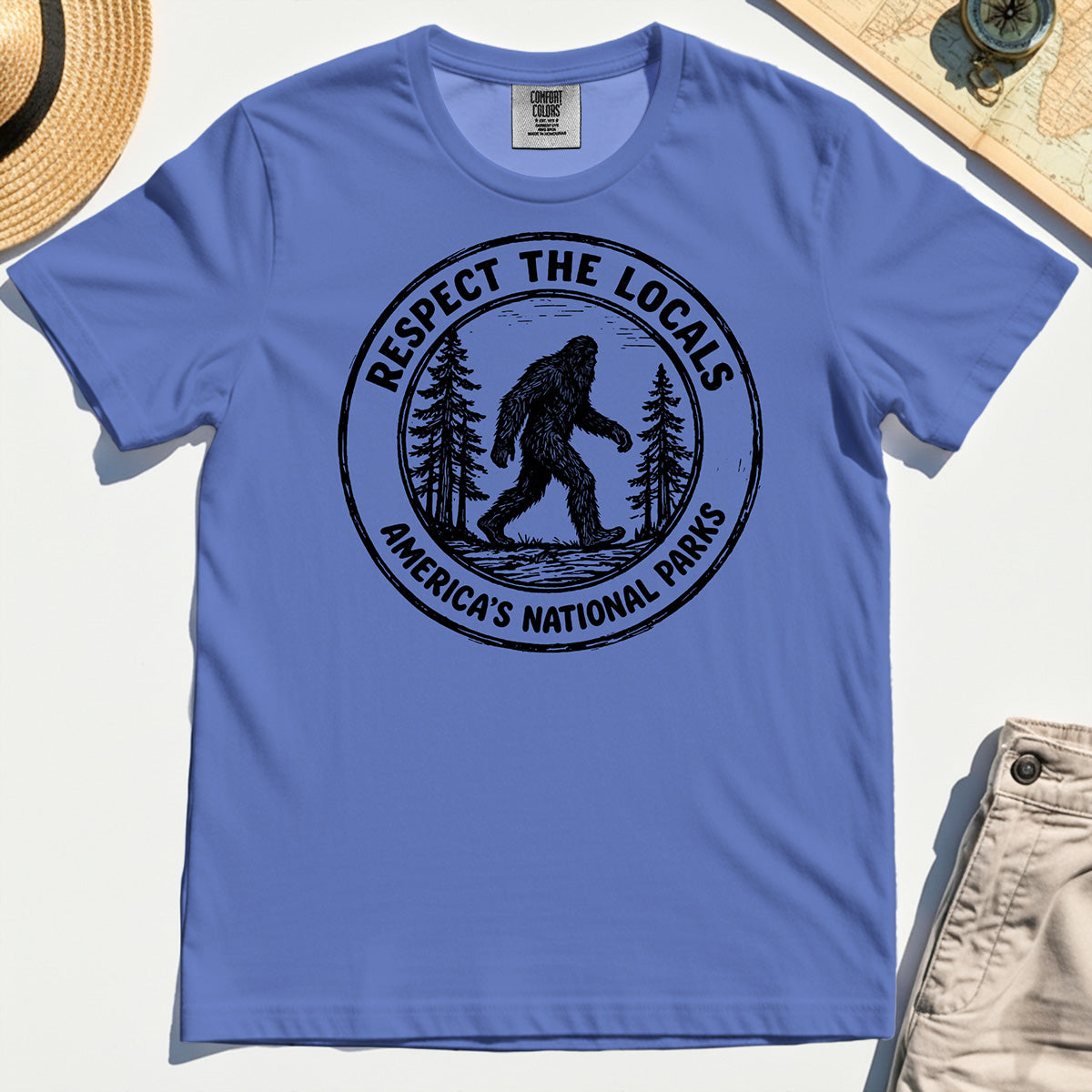 Retro Respect the Locals Bigfoot Comfort Tee, Funny Sasquatch National Park Camping Comfort Color Tees 7