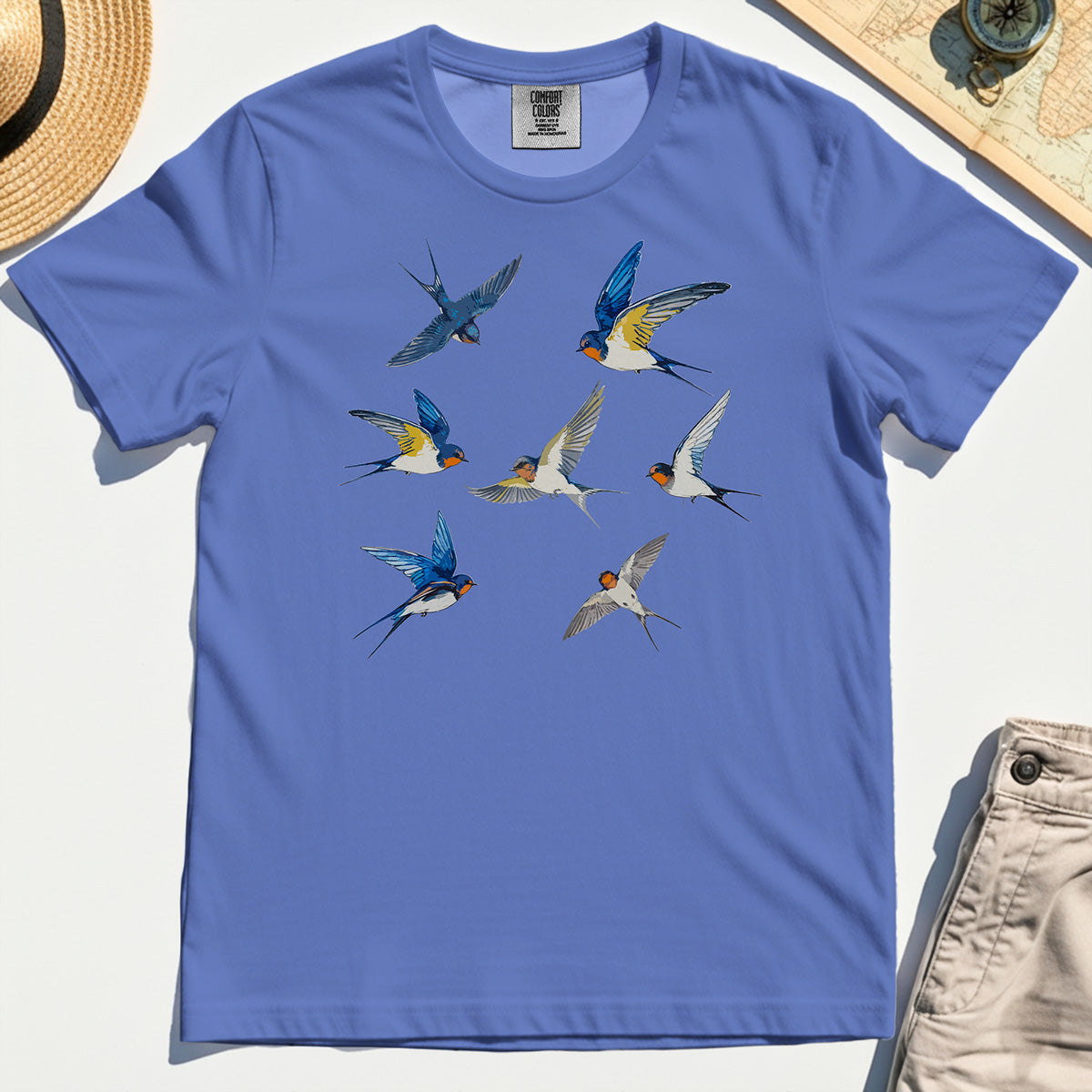 Elegant Flying Swallows Comfort Tee, Minimalist Wildlife Camping Graphic Comfort Tee Gift For Nature Campers 7