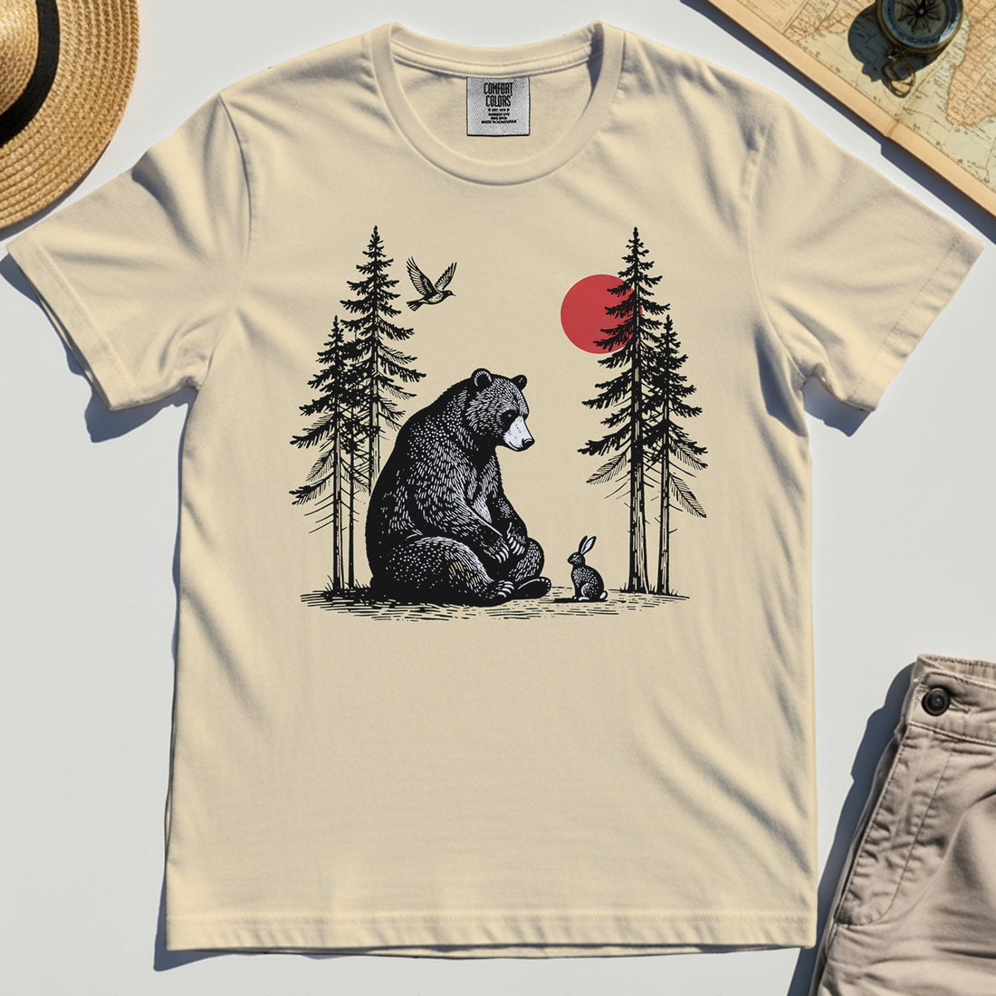 Bear and Bunny Under Red Sun Comfort Tee, Vintage Forest Nature Graphic Comfort Color Tee, Wildlife Art Comfort Tee For Outdoor Lovers 1