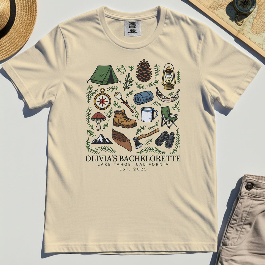 Bachelorette Camping Trip Comfort Tee, Bride Tribe Camping Trip Comfort Color Tees For Lake Tahoe 1