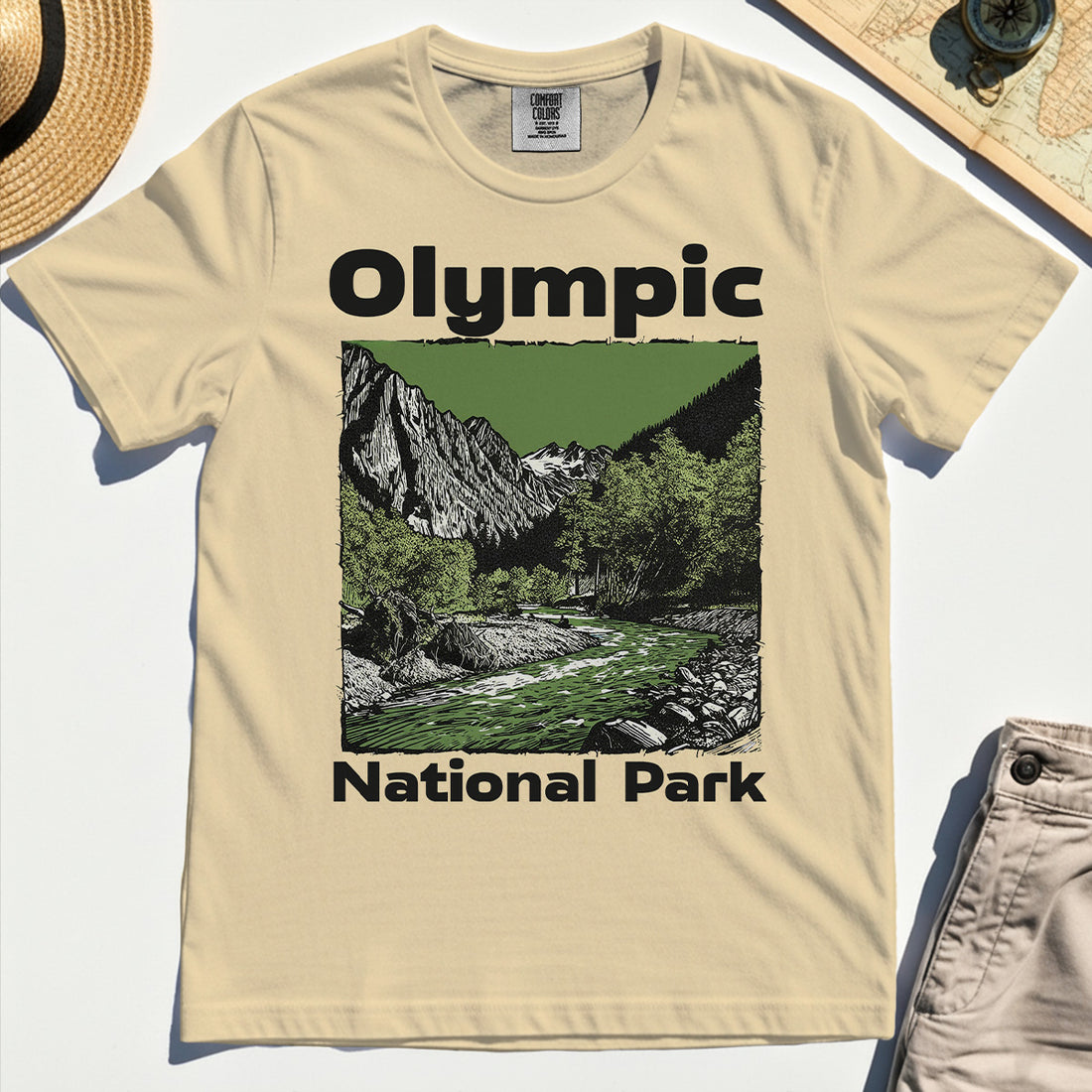 Olympic National Park Comfort Tee, Vintage Mountain River Scene Comfort Color Tee For Outdoor Adventure Campers 1
